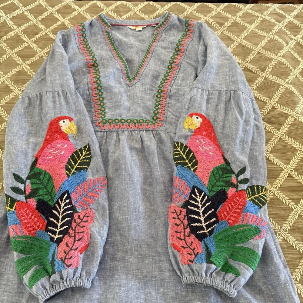 Boden Leonie Parrot Embroidered Linen Dress Blue Women's Resort Vacation 10R - Picture 10 of 15